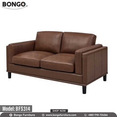 A modern two-seater loveseat upholstered in smooth, dark brown leather, shown against a white background. The sofa has a tailored design with two seat cushions and two back cushions. A key feature is its track arms, which are constructed as inset panels within an outer frame. The loveseat stands on simple, black cylindrical legs.