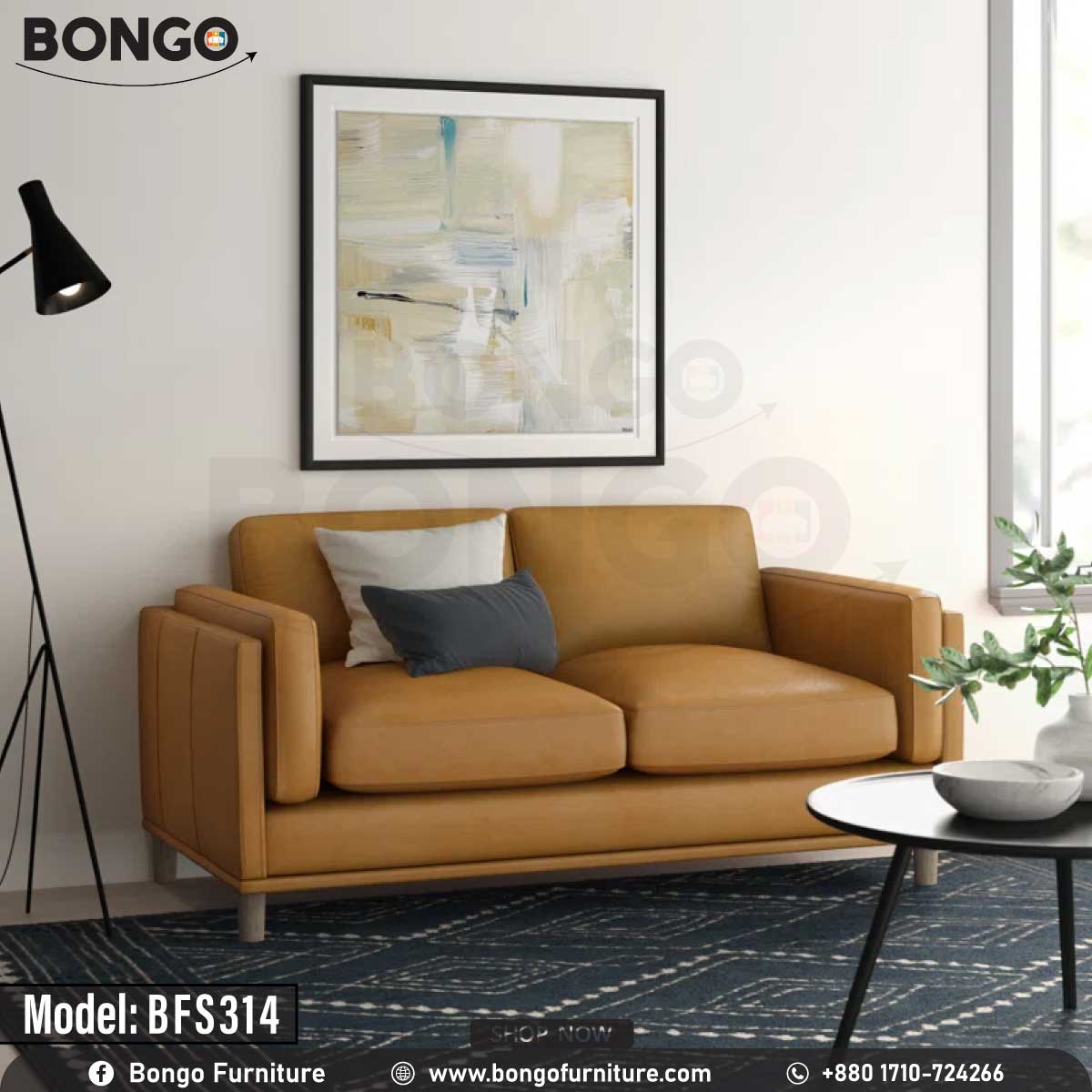 A modern two-seater loveseat upholstered in a smooth, tan-colored leather. The sofa's distinctive features include wide arms with vertical channel tufting on the exterior and tapered, light-colored legs. It is staged with two throw pillows and is pictured in a living room on a dark blue patterned rug.