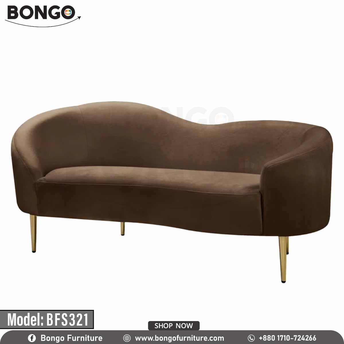 A modern Victoria sofa with a white upholstery, model BFS321, with gold steel legs, placed in a bright room with a window and a potted plant in the background.