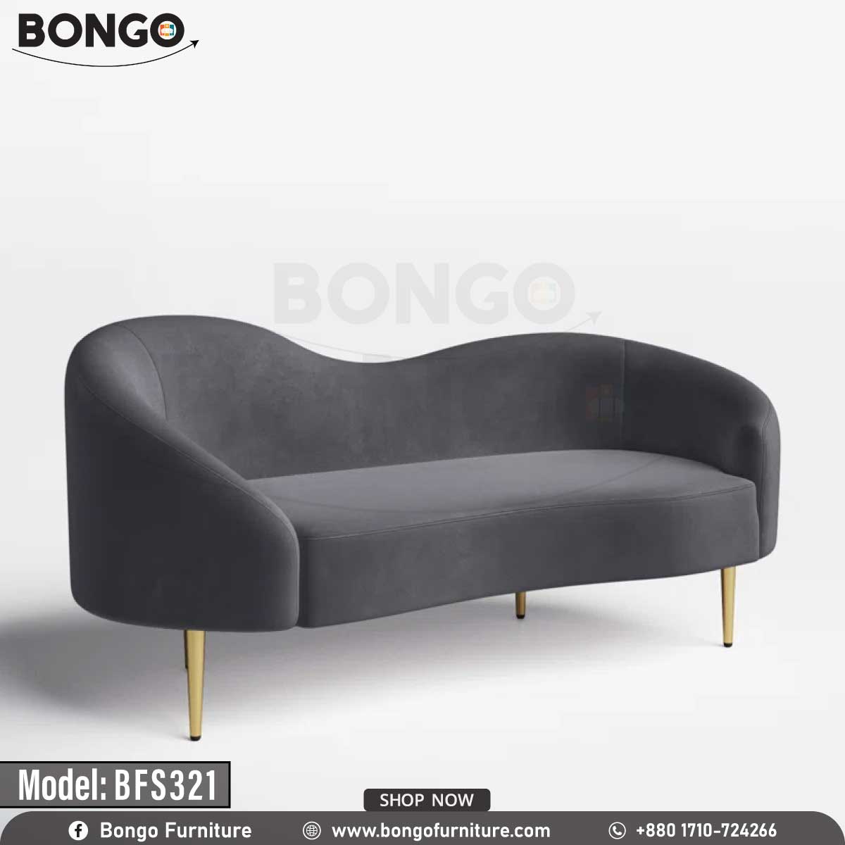 Victoria Sofa - A modern Victoria sofa with a white upholstery, model BFS321, with gold steel legs, placed in a bright room with a window and a potted plant in the background..