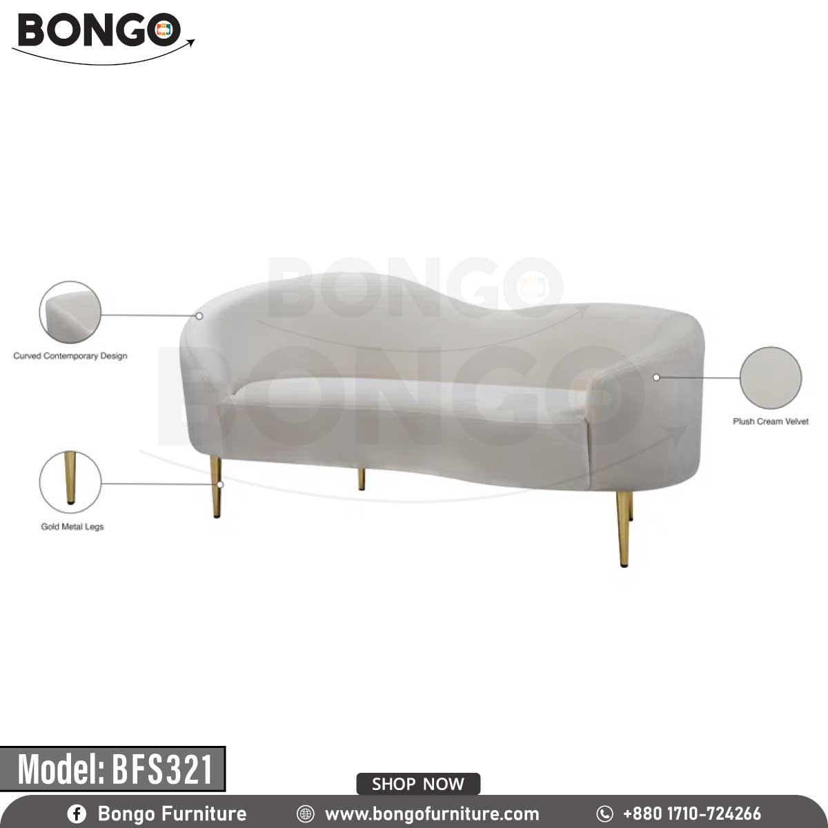 A modern Victoria sofa with a white upholstery, model BFS321, with gold steel legs, placed in a bright room with a window and a potted plant in the background.