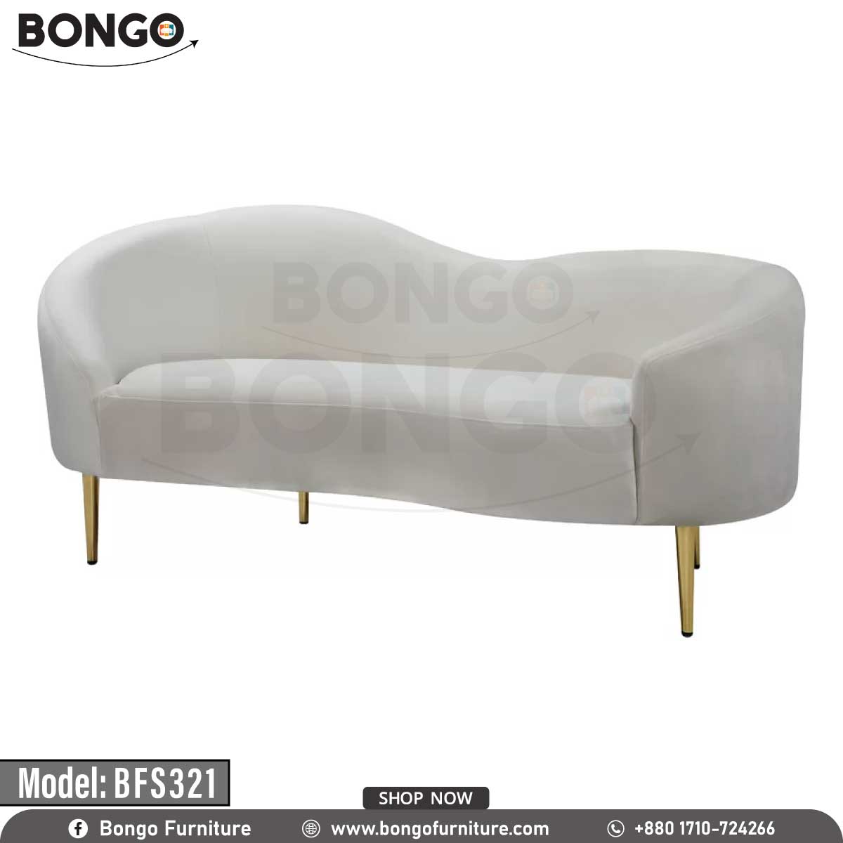 A modern Victoria sofa with a white upholstery, model BFS321, with gold steel legs, placed in a bright room with a window and a potted plant in the background.