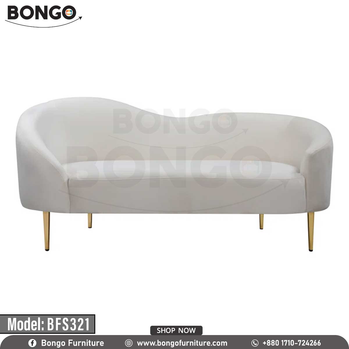 A modern Victoria sofa with a white upholstery, model BFS321, with gold steel legs, placed in a bright room with a window and a potted plant in the background.