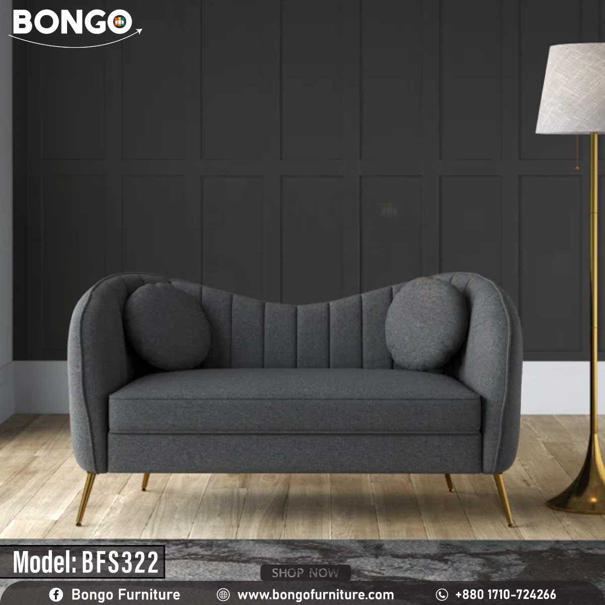 An elegant, Art Deco-style loveseat from BONGO, upholstered in a dark gray fabric and supported by splayed, gold-colored metal legs. The loveseat features a distinctive curved backrest with vertical channel tufting and is accessorized with two matching round pillows. It is shown in a room with a dark gray paneled wall.