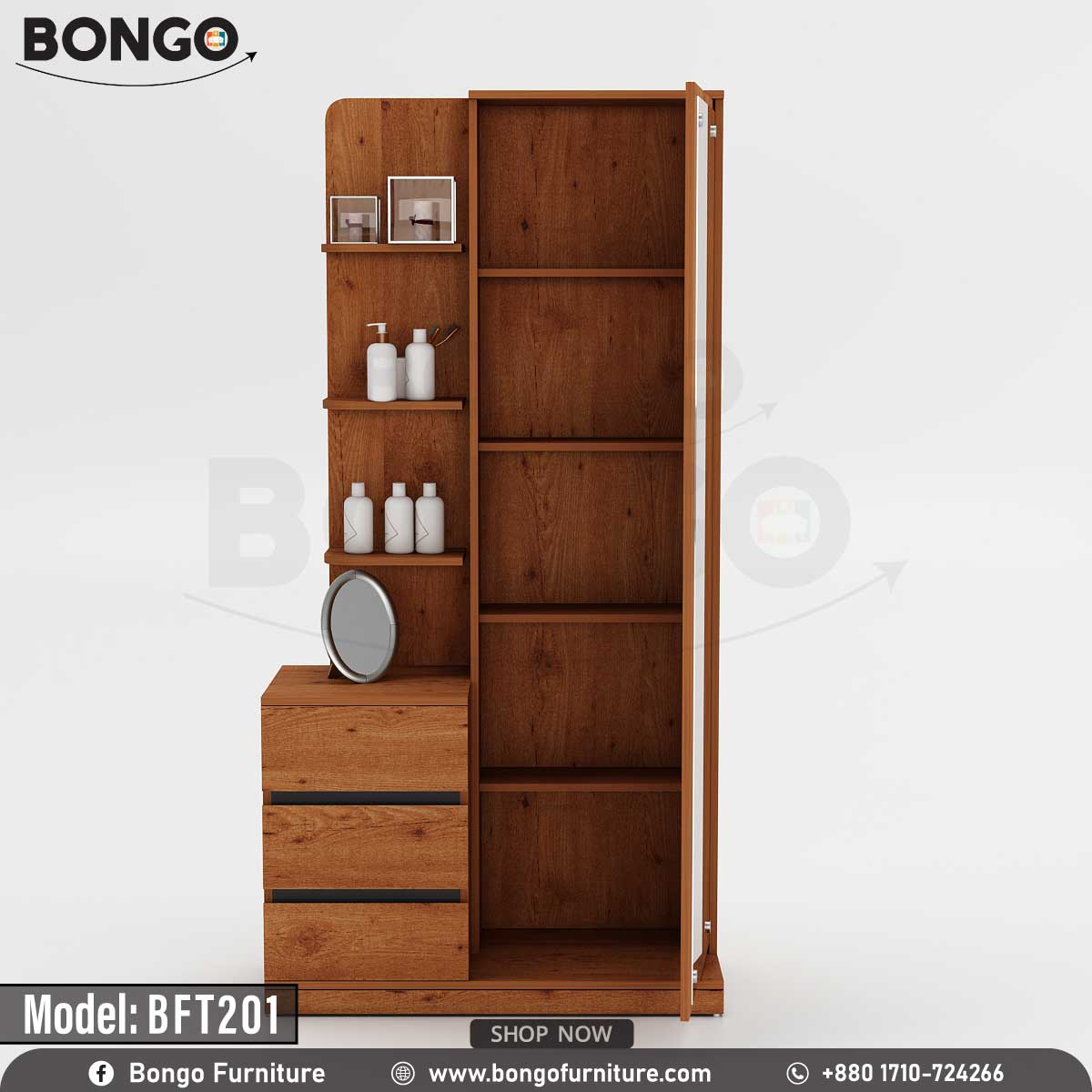 A Grand Pine luxe dressing table with a mirror, model BFT201, with an upper drawer and lower shelves, displayed in a staged bedroom setting.