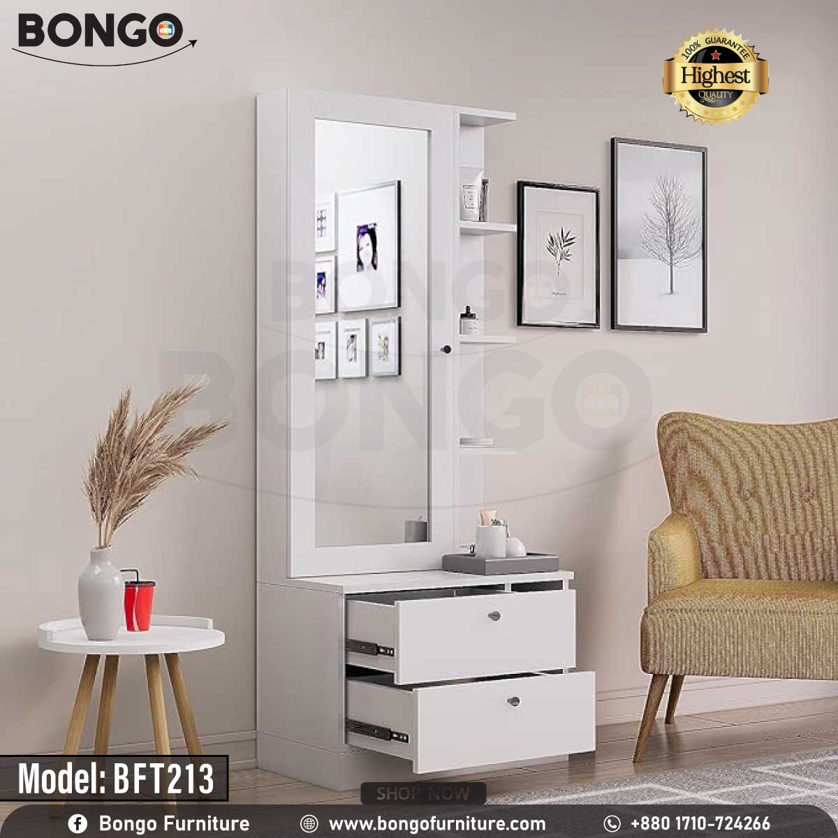 A promotional image of a modern white dressing table from BONGO. The unit features a large mirror next to a narrow tower of shelves. The base contains two large drawers and open storage cubbies. The dressing table is shown styled with photos and cosmetics in a bedroom setting. A "Highest Quality" seal is displayed in the corner.