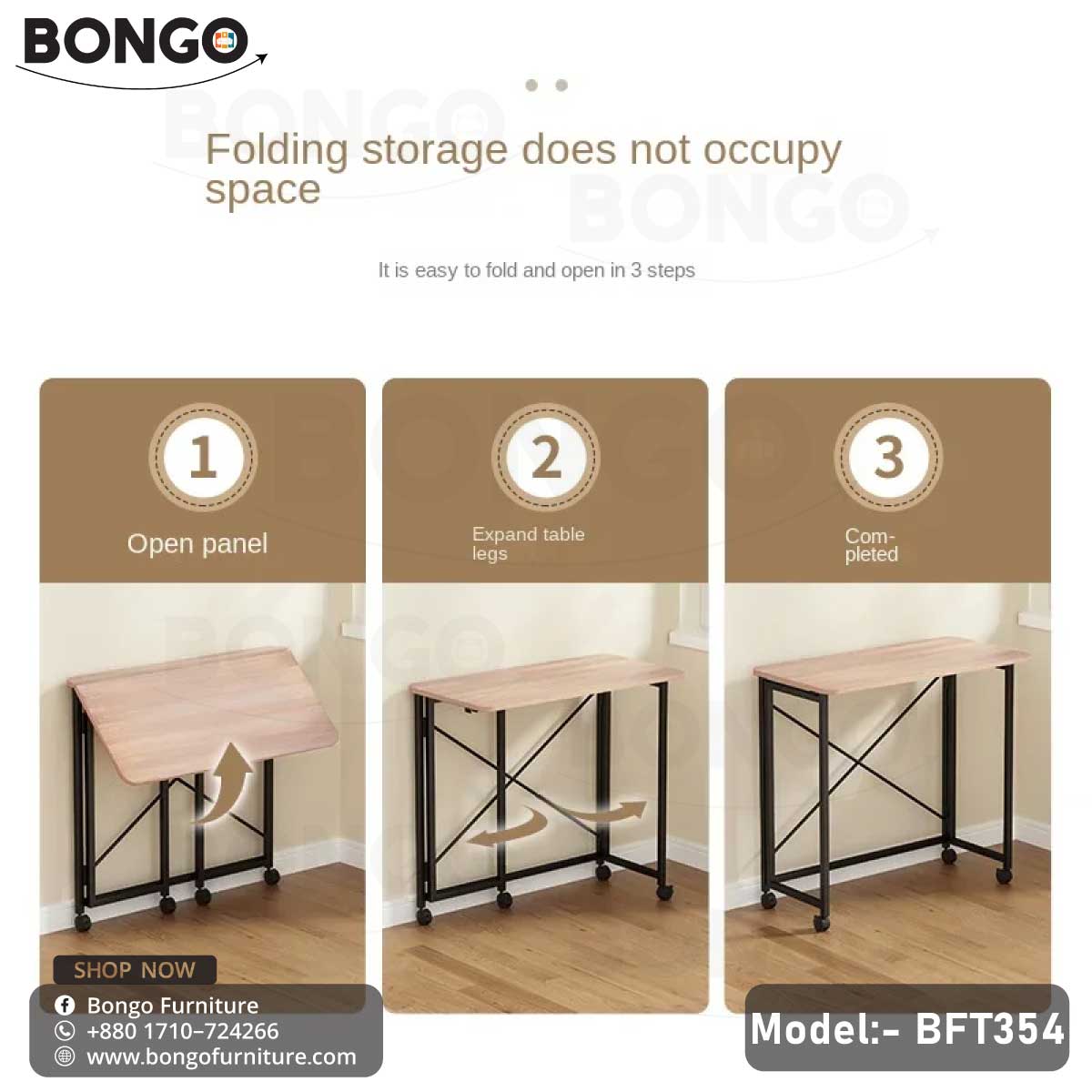 Folding Desk With Pull-Out Shelf & 4 USB Ports - Warm Brown Solid Wood, Portable Home Office Desk