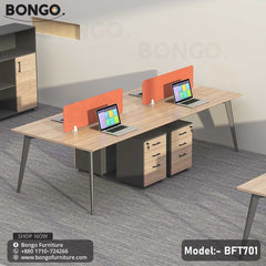 A professional Quantum Workstation BFT701 with a beige laminated board tabletop, black steel frame, and gray fabric-covered partition.