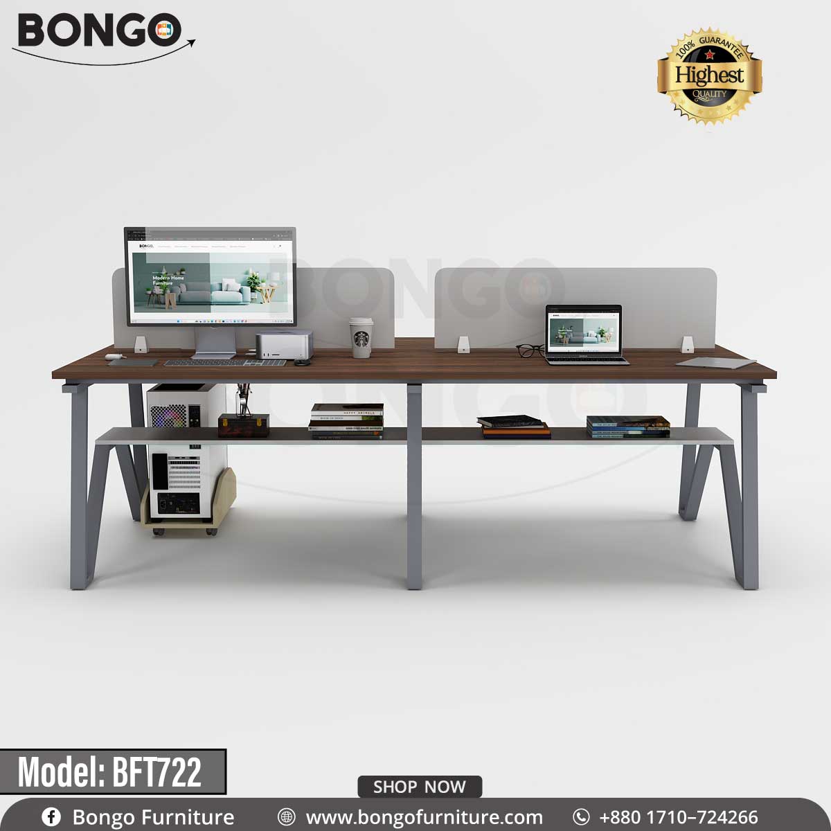 A workstation with a beige laminated board top and black steel frame, model BFT722, with a BONGO brand logo on the top right corner.