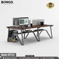 A workstation with a beige laminated board top and black steel frame, model BFT722, with a BONGO brand logo on the top right corner.
