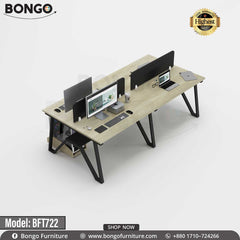 A workstation with a beige laminated board top and black steel frame, model BFT722, with a BONGO brand logo on the top right corner.