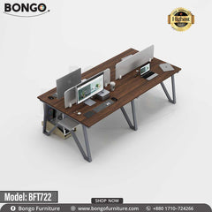 A workstation with a beige laminated board top and black steel frame, model BFT722, with a BONGO brand logo on the top right corner.
