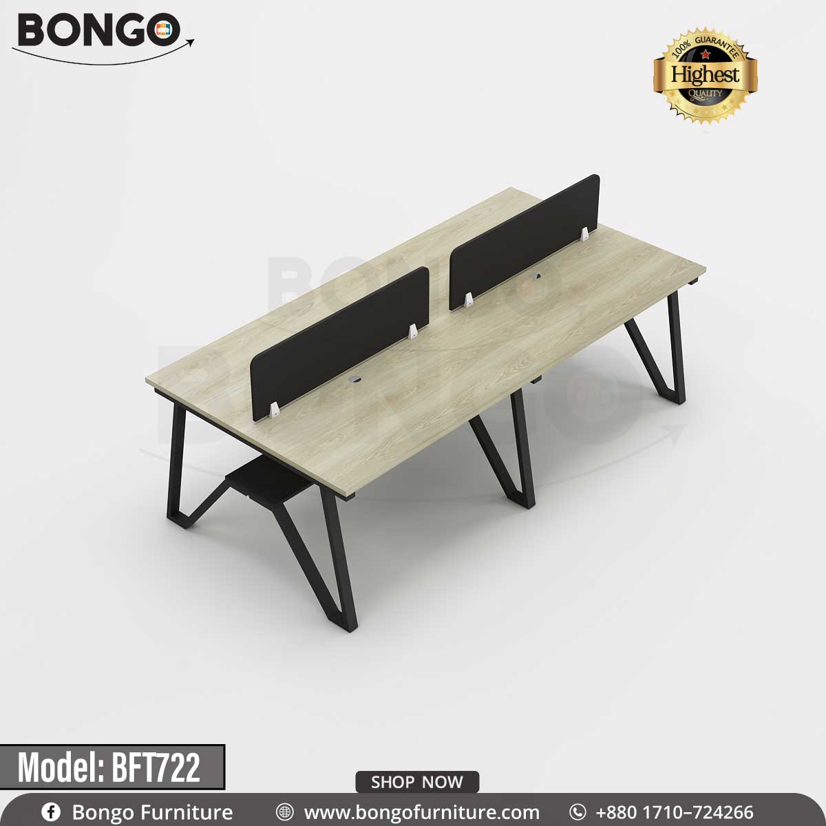 A workstation with a beige laminated board top and black steel frame, model BFT722, with a BONGO brand logo on the top right corner.