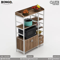 A brown and black Cake - Oven Rack with shelves and a steel base, displaying kitchenware on its shelves.
