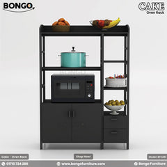 A brown and black Cake - Oven Rack with shelves and a steel base, displaying kitchenware on its shelves.