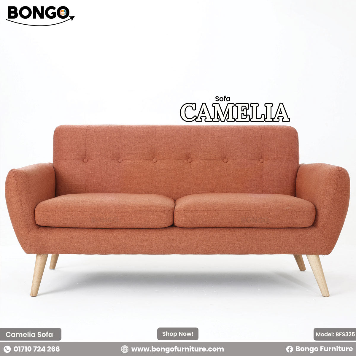 Orange sofa with 'Bongo' branding on a white background