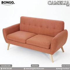 Orange sofa with 'Bongo' branding on a white background
