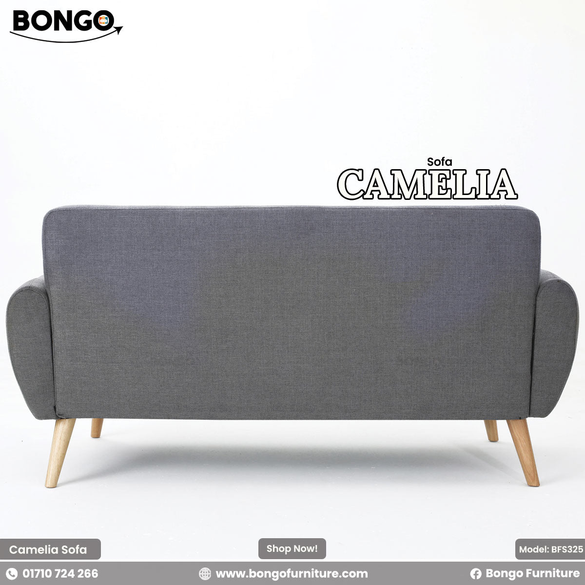 Gray sofa with 'Bongo' branding on a white background
