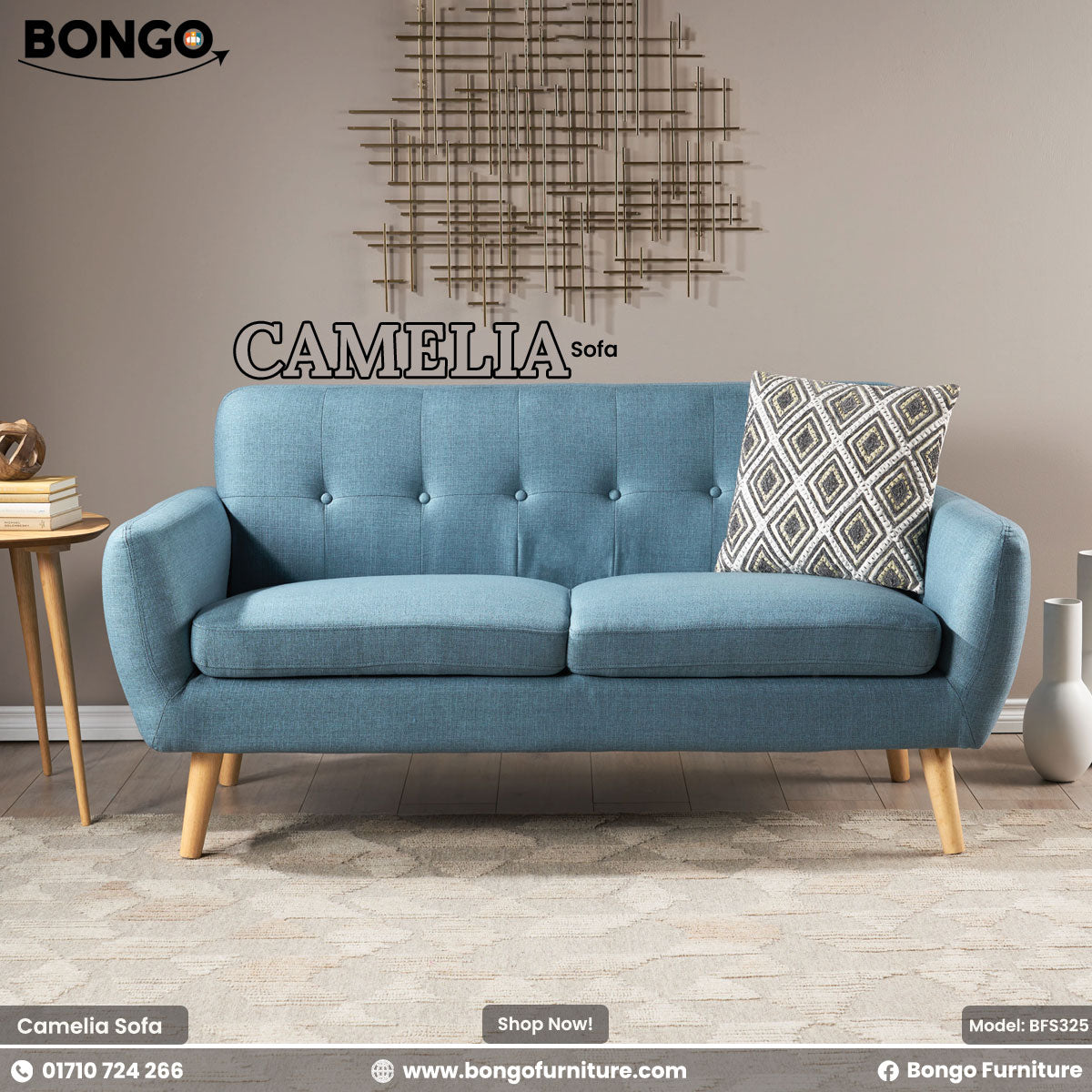 Blue sofa with a patterned pillow in a room setting, featuring Bongo Furniture branding.