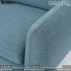 Close-up of a blue sofa with 'Bongo' branding and product details.