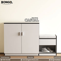 Bongo Casual shoe rack with storage compartments and shoes on a white background