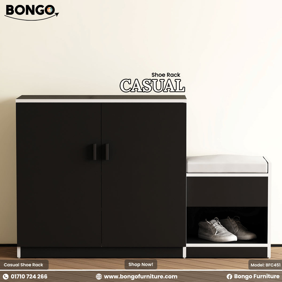 Black shoe rack with a white cushioned seat and shoes inside, branded with Bongo Furniture.