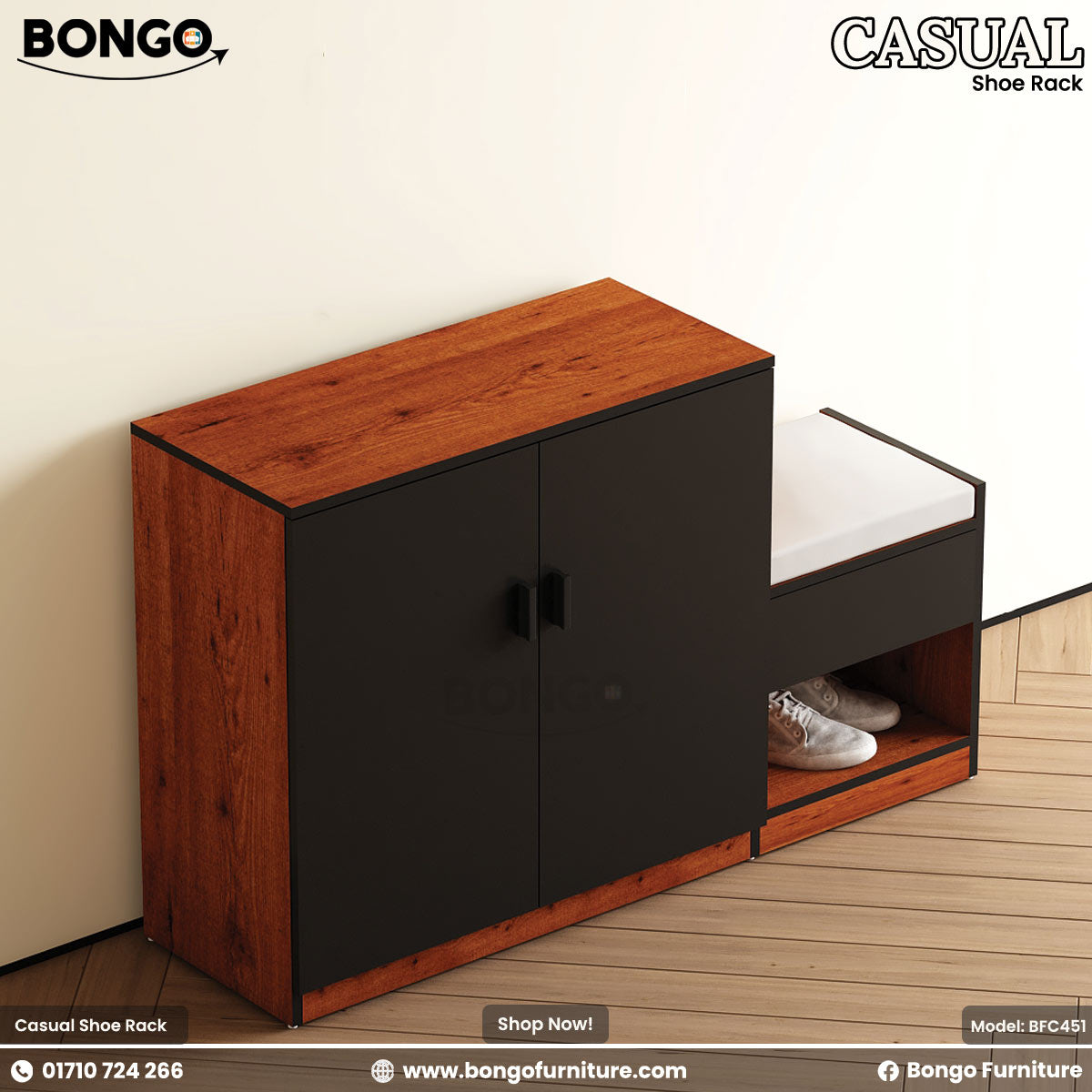 Water Resistant Strong Laminated Board shoe rack with black doors on a wooden floor, featuring Bongo Furniture branding.