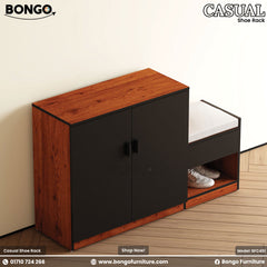 Water Resistant Strong Laminated Board shoe rack with black doors on a wooden floor, featuring Bongo Furniture branding.