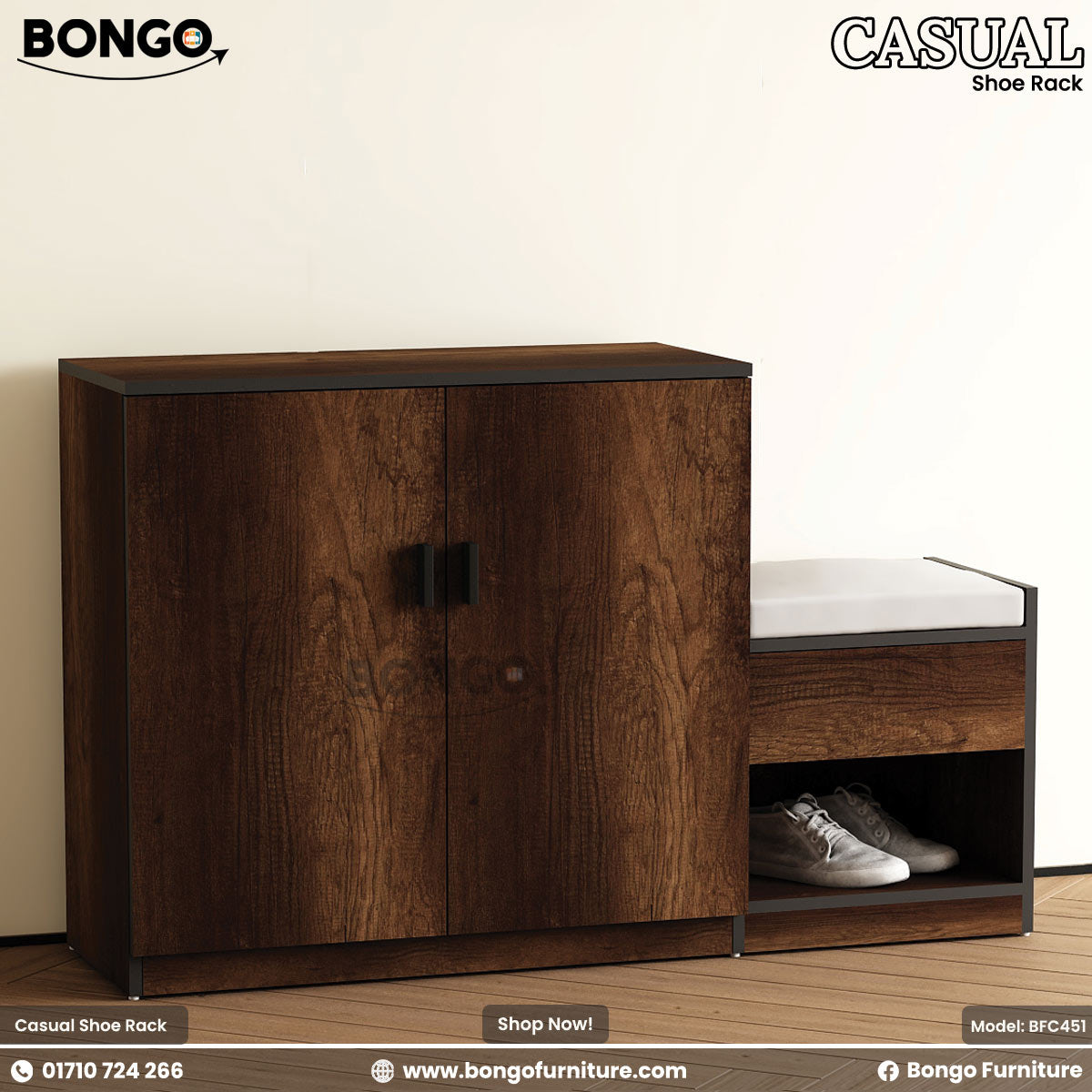 Water Resistant Strong Laminated Board shoe rack with a white top and black accents, featuring the Bongo Furniture brand.