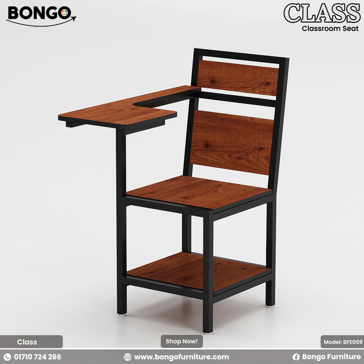 A Granada Pine and black  student chair with a metal frame and laminated board seat, designed for classroom use.
