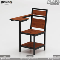A Granada Pine and black  student chair with a metal frame and laminated board seat, designed for classroom use.