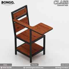 A Granada Pine and black  student chair with a metal frame and laminated board seat, designed for classroom use.
