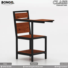 A Granada Pine and black  student chair with a metal frame and laminated board seat, designed for classroom use.