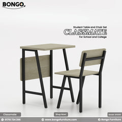 A student table and chair set with a brown Water Resistant Strong Laminated Board  tabletop and black steel frame, designed for academic settings.