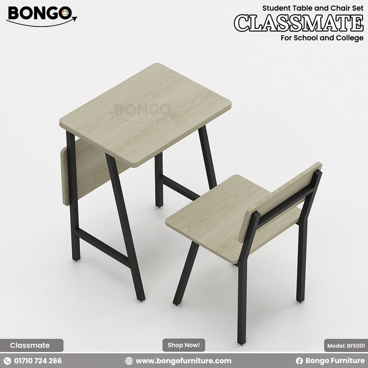 A modern student desk and chair set with a minimalist design, shown from a high angle. Both pieces feature a light Water Resistant Strong Laminated Board finish on the surfaces and a matte black metal frame. The desk has a rectangular top with a small, foldable side leaf, and the matching chair has a simple seat and backrest.