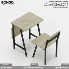 A modern student desk and chair set with a minimalist design, shown from a high angle. Both pieces feature a light Water Resistant Strong Laminated Board finish on the surfaces and a matte black metal frame. The desk has a rectangular top with a small, foldable side leaf, and the matching chair has a simple seat and backrest.