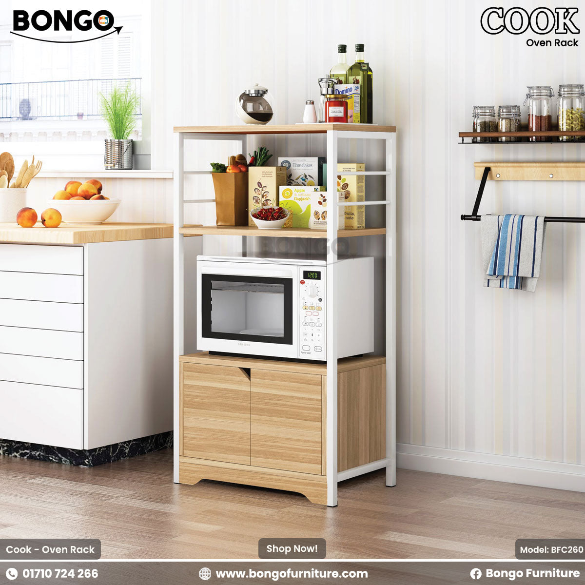 A white Cook oven rack with brown laminated board storage shelves, designed to maximize kitchen space, featuring a microwave on top and a cabinet door.