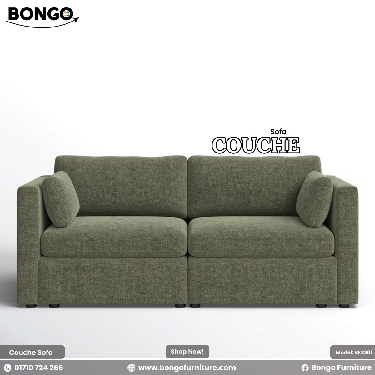 Green sofa with 'Bongo' branding on a white background