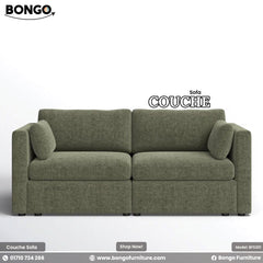 Green sofa with 'Bongo' branding on a white background