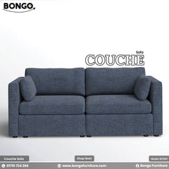 Blue sofa with 'Bongo' branding on a white background