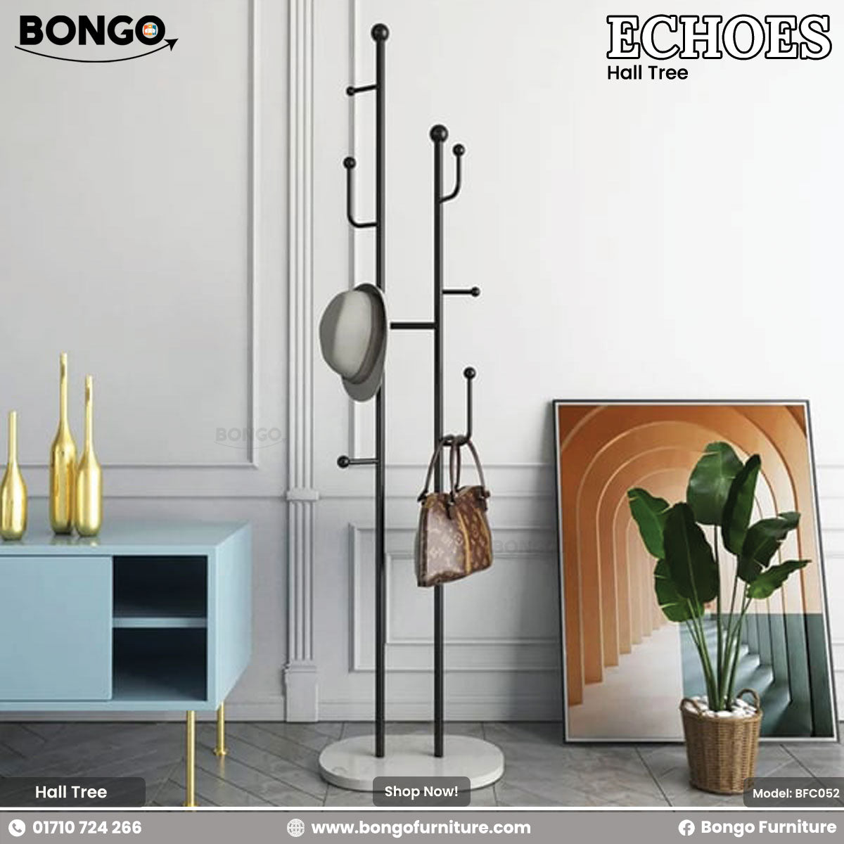 A promotional image shows a modern black metal hall tree with a round white base, standing in an entryway. A blue robe, a light-colored hat, and a tan backpack hang from its various hooks. The hall tree is set against a white brick wall, next to a large window on the left and a small potted plant on the right. The flooring is light-colored wood. In the top corners of the image are the brand logos "BONGO" and "ECHOES Hall Tree".