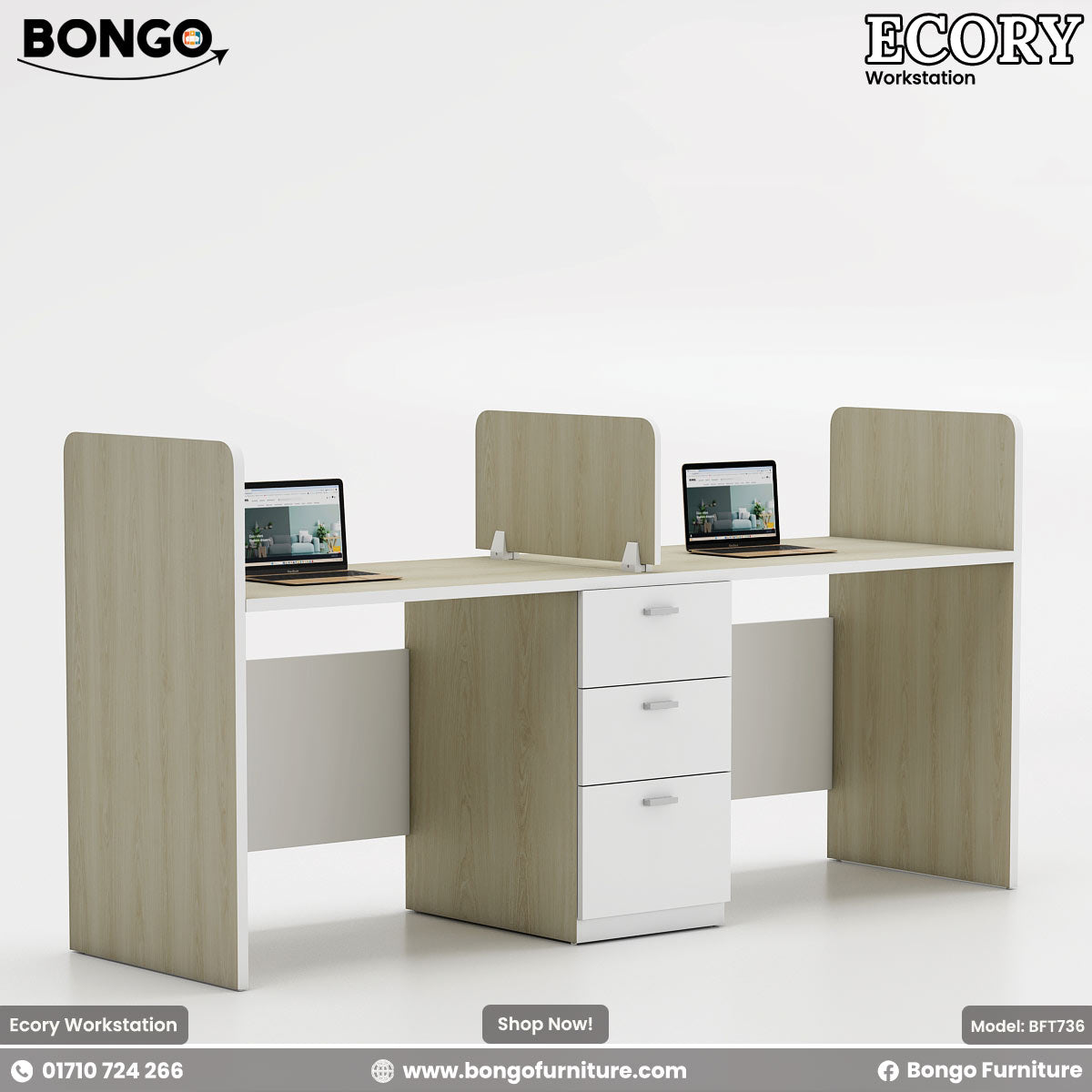 Dual-seater Ecory Workstation with white and beige colors, featuring partition walls, desk tops with laptops, and storage drawers.