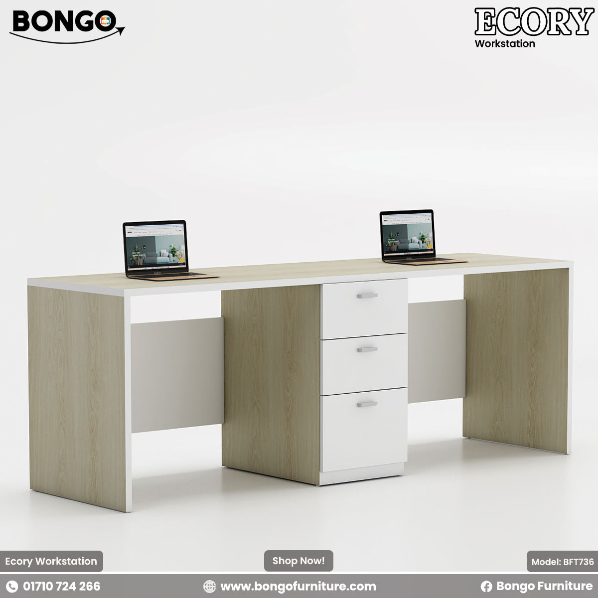 Dual-seater Ecory Workstation with white and beige colors, featuring partition walls, desk tops with laptops, and storage drawers.