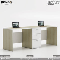 Dual-seater Ecory Workstation with white and beige colors, featuring partition walls, desk tops with laptops, and storage drawers.