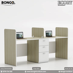 Dual-seater Ecory Workstation with white and beige colors, featuring partition walls, desk tops with laptops, and storage drawers.