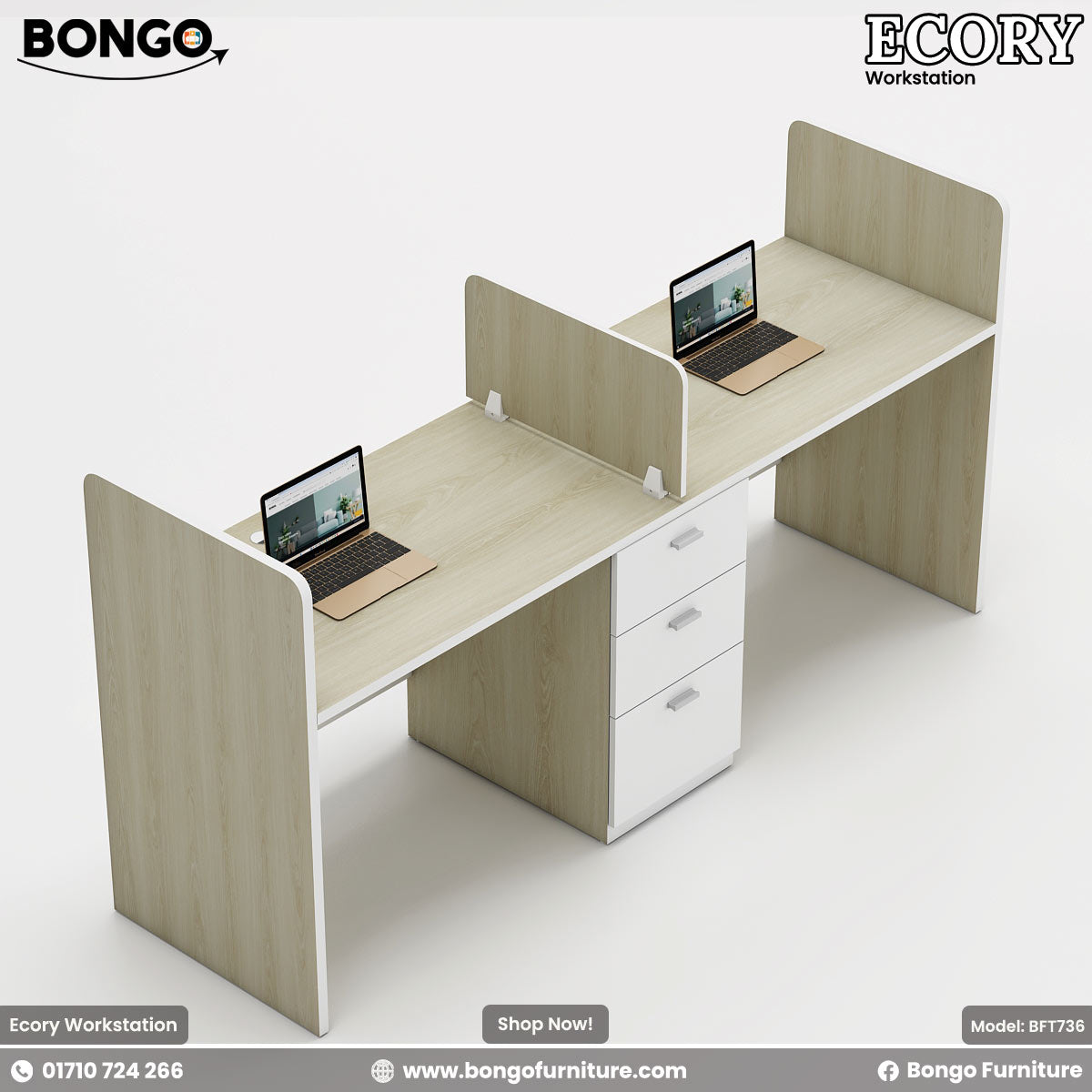 Dual-seater Ecory Workstation with white and beige colors, featuring partition walls, desk tops with laptops, and storage drawers.