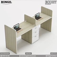 Dual-seater Ecory Workstation with white and beige colors, featuring partition walls, desk tops with laptops, and storage drawers.