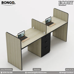 Dual-seater Ecory Workstation with white and beige colors, featuring partition walls, desk tops with laptops, and storage drawers.