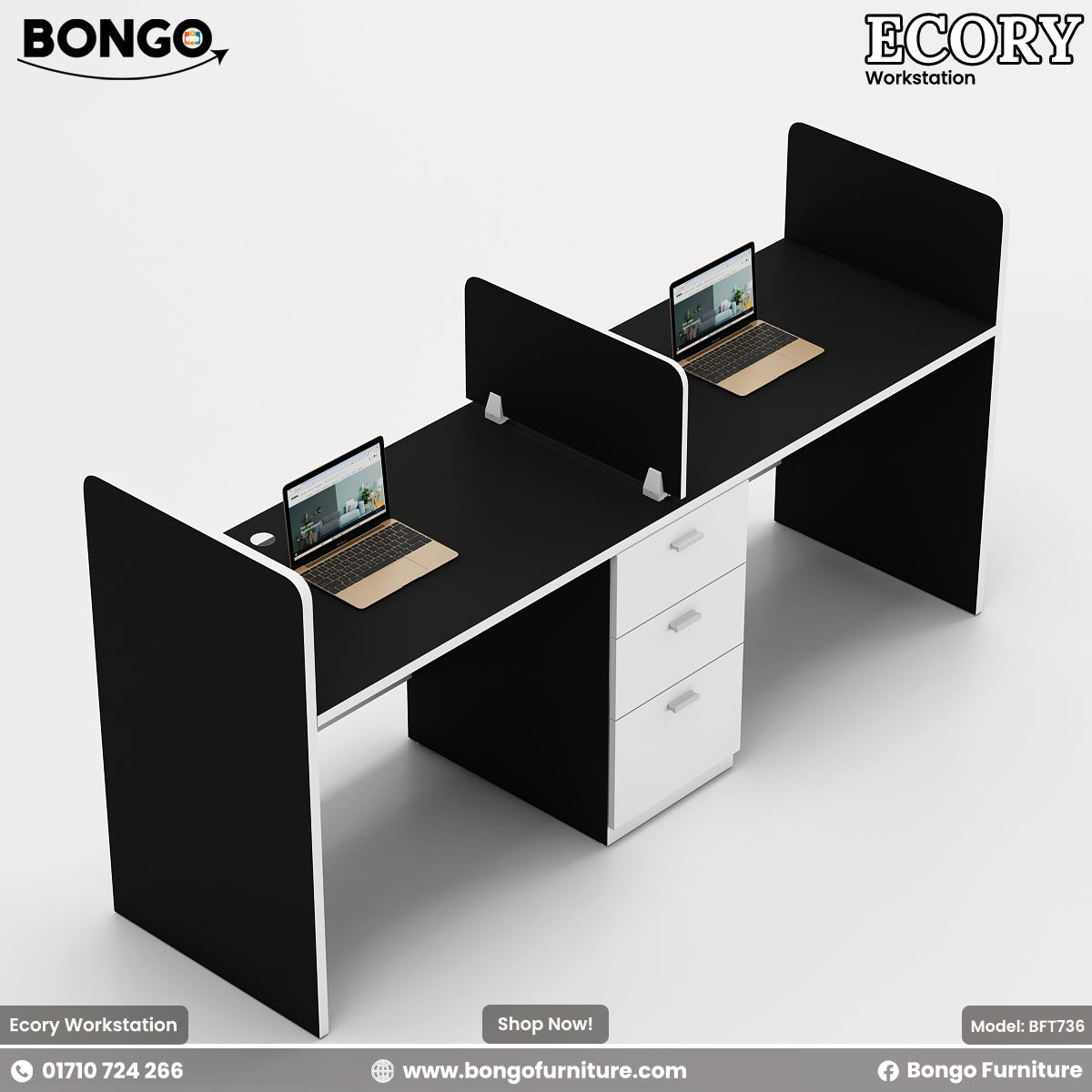 Dual-seater Ecory Workstation with white and beige colors, featuring partition walls, desk tops with laptops, and storage drawers.