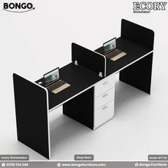 Dual-seater Ecory Workstation with white and beige colors, featuring partition walls, desk tops with laptops, and storage drawers.